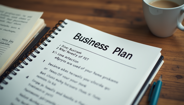 Eye-level view of a notebook with a handwritten 90-day plan outline on a wooden desk