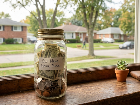 Michigan homebuyer saving money in a jar with a residential neighborhood visible through the window