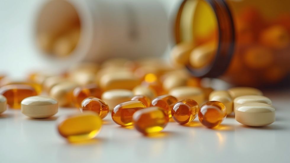 Close-up view of a variety of dietary supplements in capsules and tablets