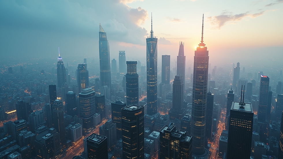 High angle view of a futuristic city skyline with digital elements