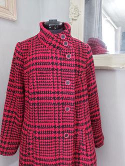 red check top view coat