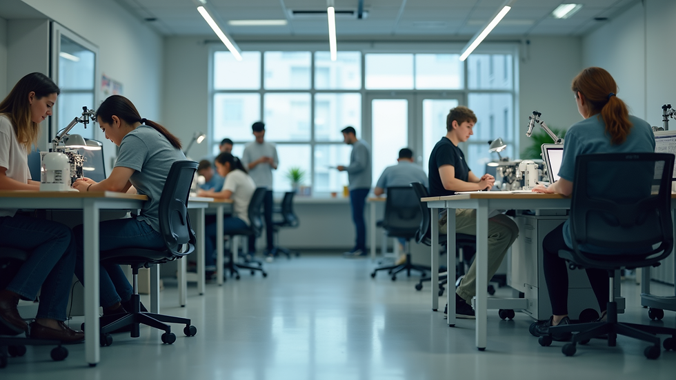 Eye-level view of a robotics lab with students working on projects