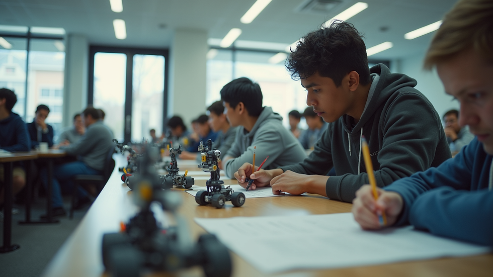Eye-level view of a classroom filled with students working on robotics projects