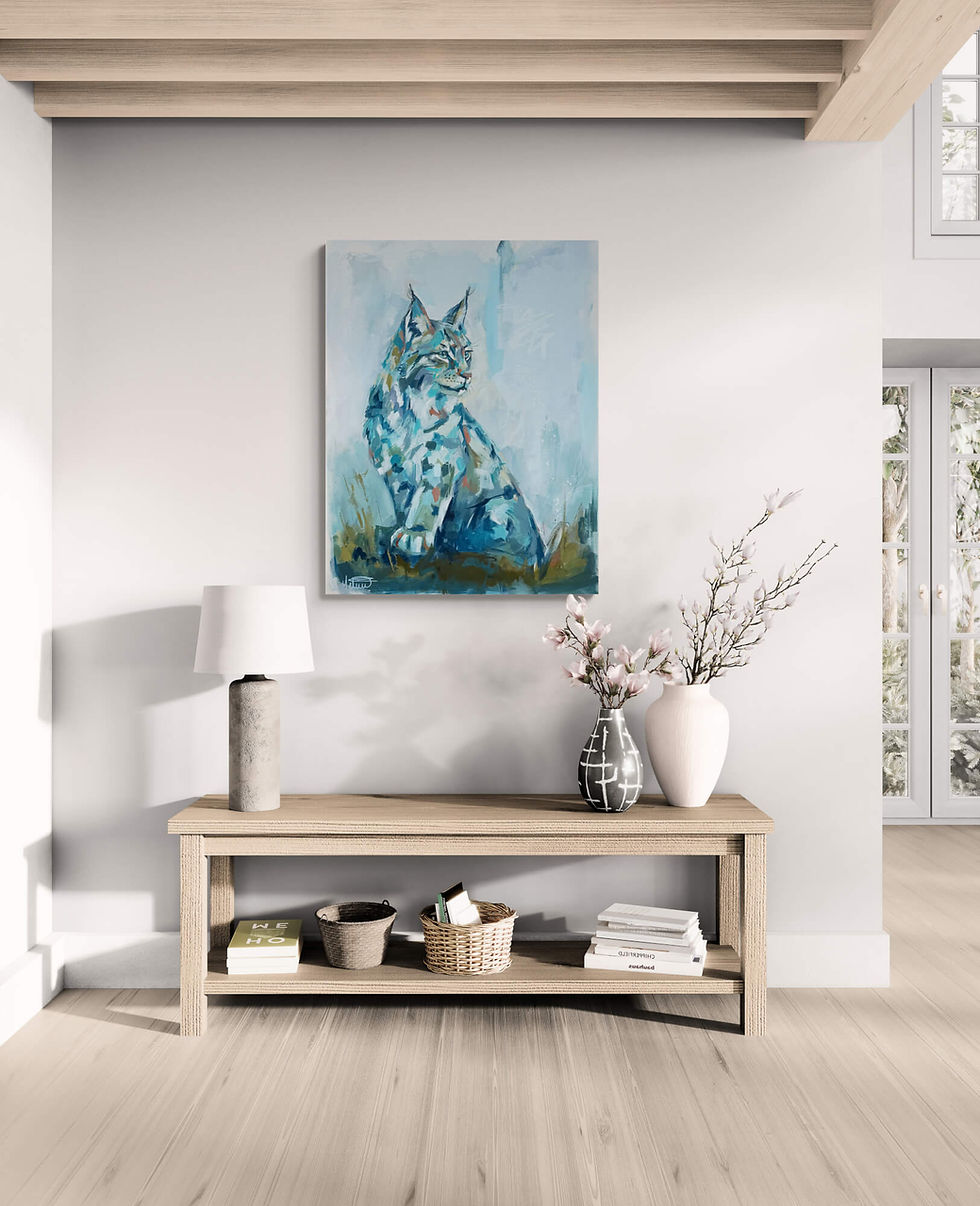 Thumbnail: Peinture Prise par Mélissa Henri présentée au-dessus d’une console en bois clair dans un intérieur lumineux.