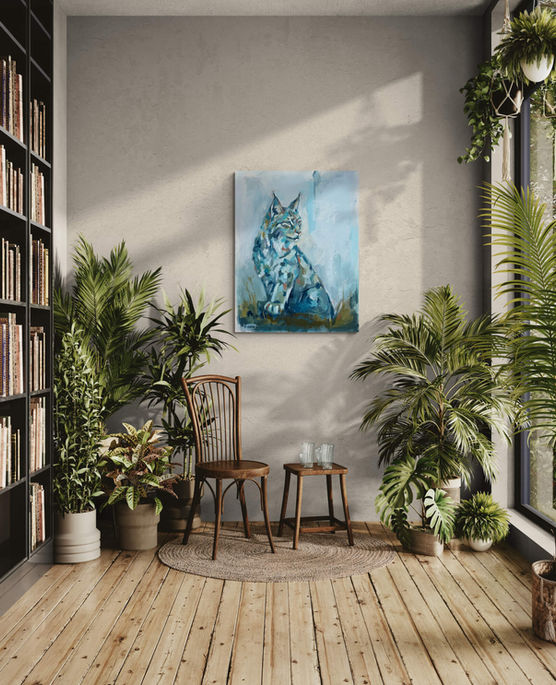 Peinture Prise par Mélissa Henri présentée dans une pièce lumineuse entourée de plantes, de bois et d’une bibliothèque.