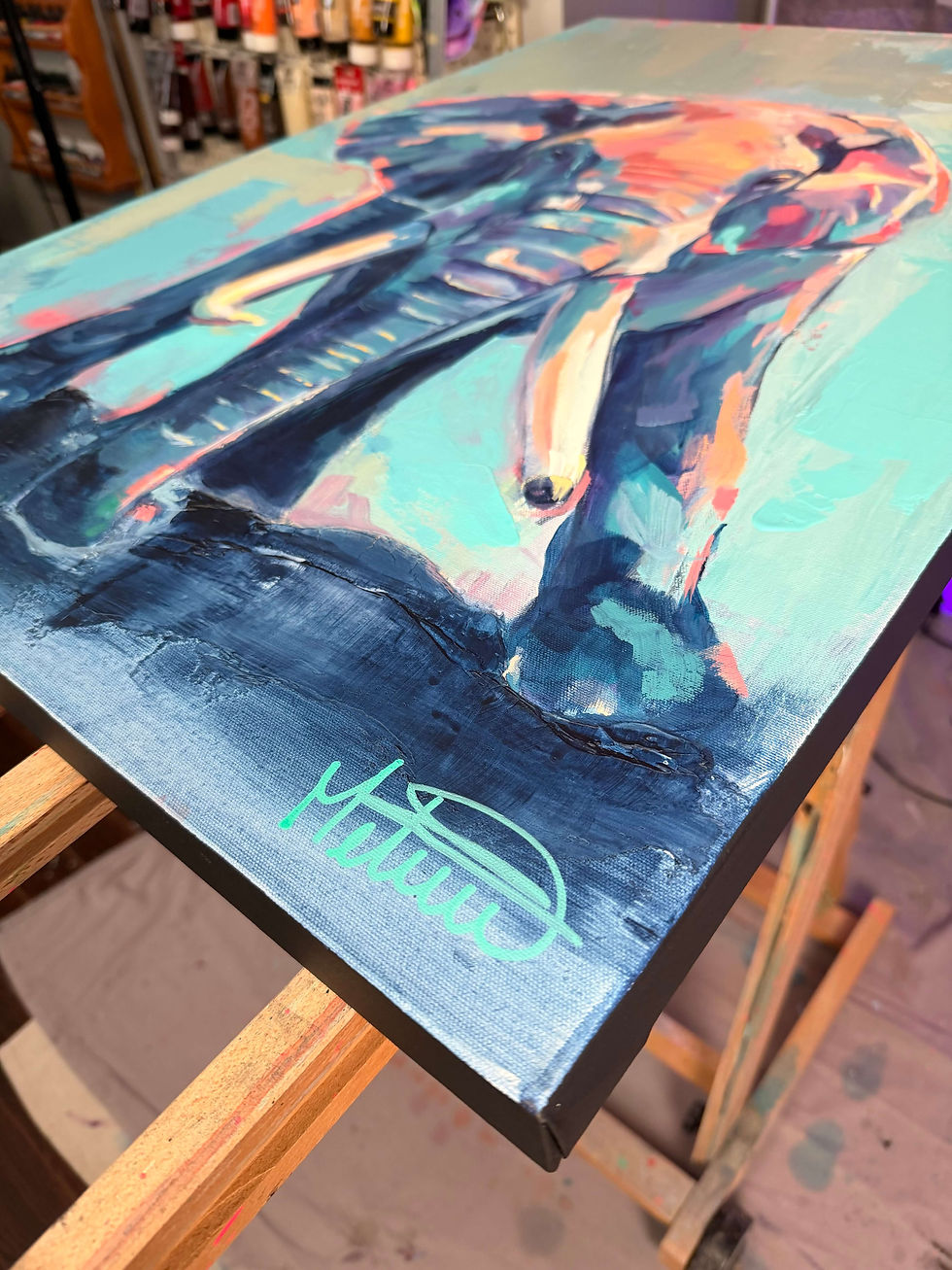 Thumbnail: Éléphant moderne peint par Mélissa Henri, toile originale art contemporain québécois.