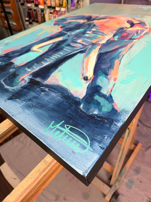 Signature de Mélisss sur peinture éléphant contemporaine Trajet en acrylique sur toile.