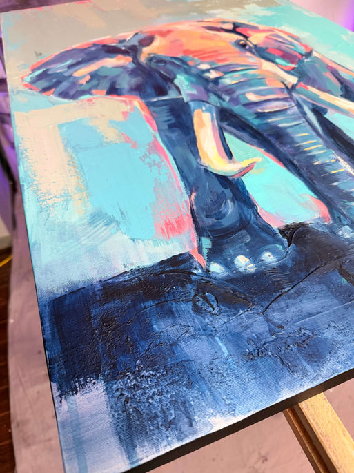 Toile originale éléphant par Mélissa Henri, peinture contemporaine en acrylique série Trajet.