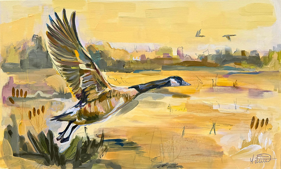 Entière, peinture contemporaine d’une bernache en vol réalisée en acrylique par Mélissa Henri, artiste peintre québecoise