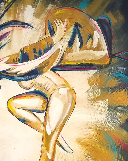 Gros plan du corps dans la peinture Vortex de Mélisss (Mélissa Henri), artiste peintre et créatrice visuelle, montrant les détails dorés et les courbes dynamiques de la danseuse.
|
Close-up of the body in Vortex painting by Mélisss (Mélissa Henri), painter and visual creator, showing golden details and the dancer's dynamic curves.