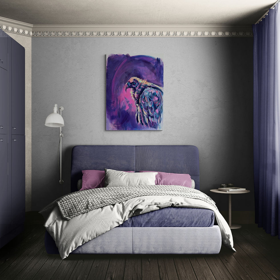 Thumbnail: Toile originale Perspective par Mélisss accrochée dans une chambre moderne aux tons violets et gris.