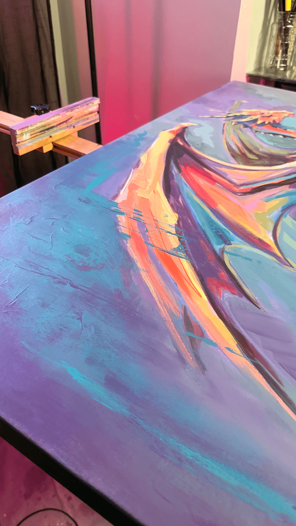 Thumbnail: Détail de l’aile du dragon dans Portance, peinture acrylique contemporaine par Mélissa Henri.