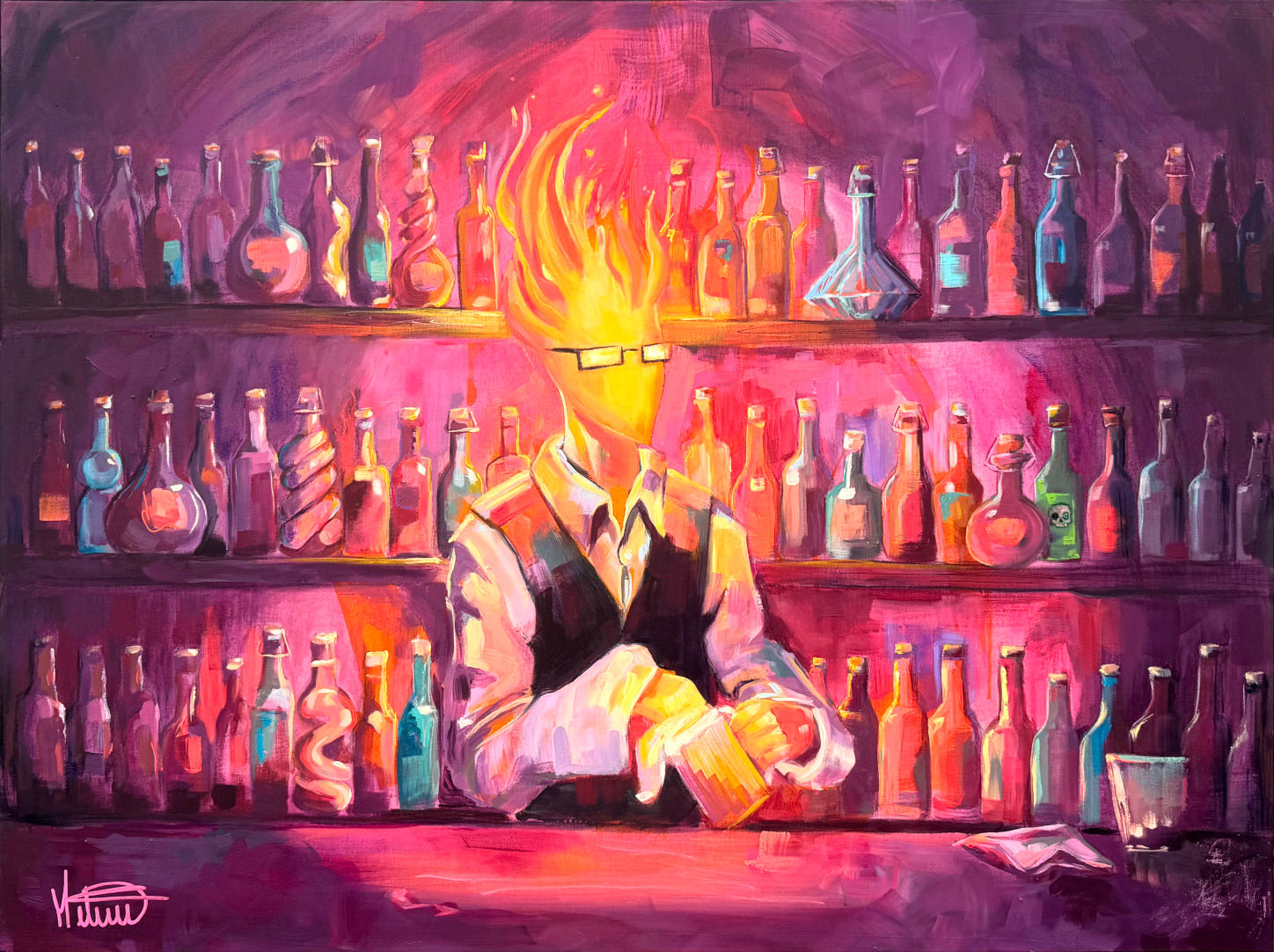 Peinture Grillby de Mélisss montrant un personnage en feu derrière un bar.