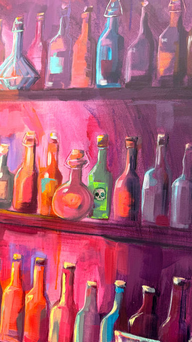 Détail de l’œuvre Grillby de Mélisss montrant les bouteilles de droite, dont une bouteille verte avec un petit motif de tête de squelette.