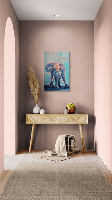 Œuvre Trajet par Mélissa Henri présentée dans une niche murale contemporaine aux tons poudrés.