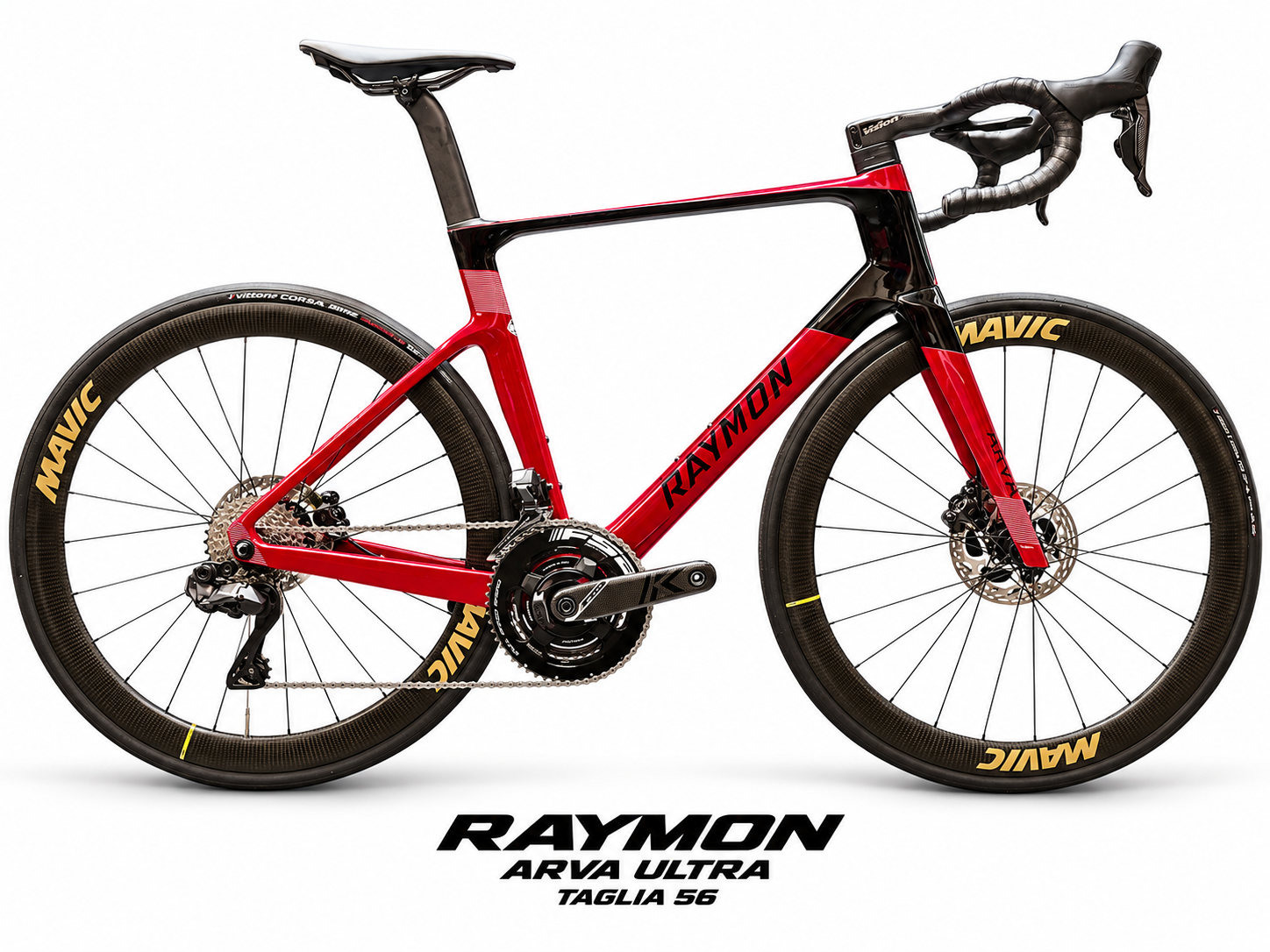 Bici da corsa vista laterale su sfondo bianco — Raymon Arva Ultra Rubyred/Carbon