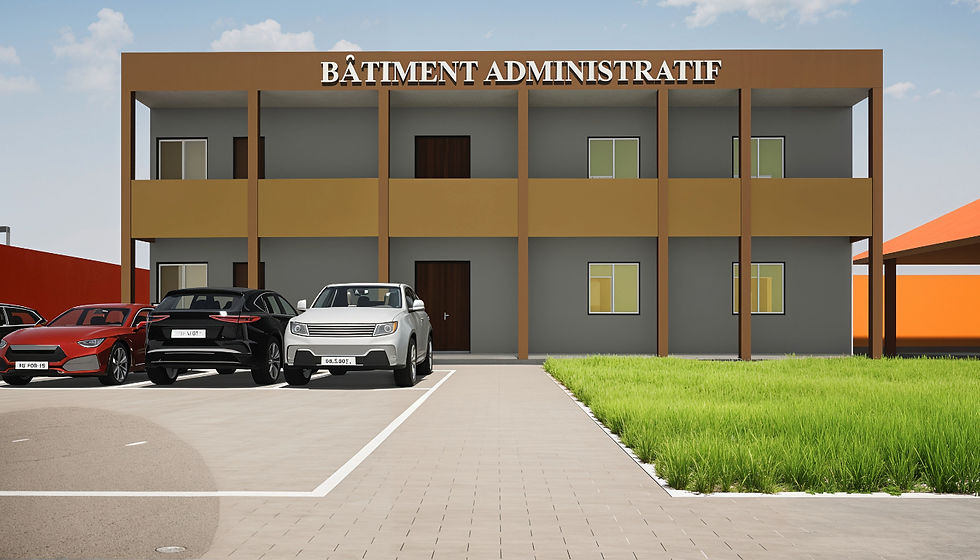 Wide angle view of the nearly completed college dormitory building with surrounding greenery