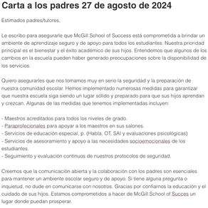 Carta a los padres 27 de agosto de 2024