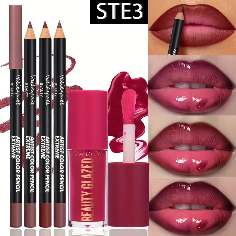 Miniatura: Kit labial com 4 peças (3 lápis de contorno + 1 gloss labial), à prova d’água.
