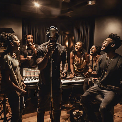 group of black people creating and singing in the ultimate professional recording studio..