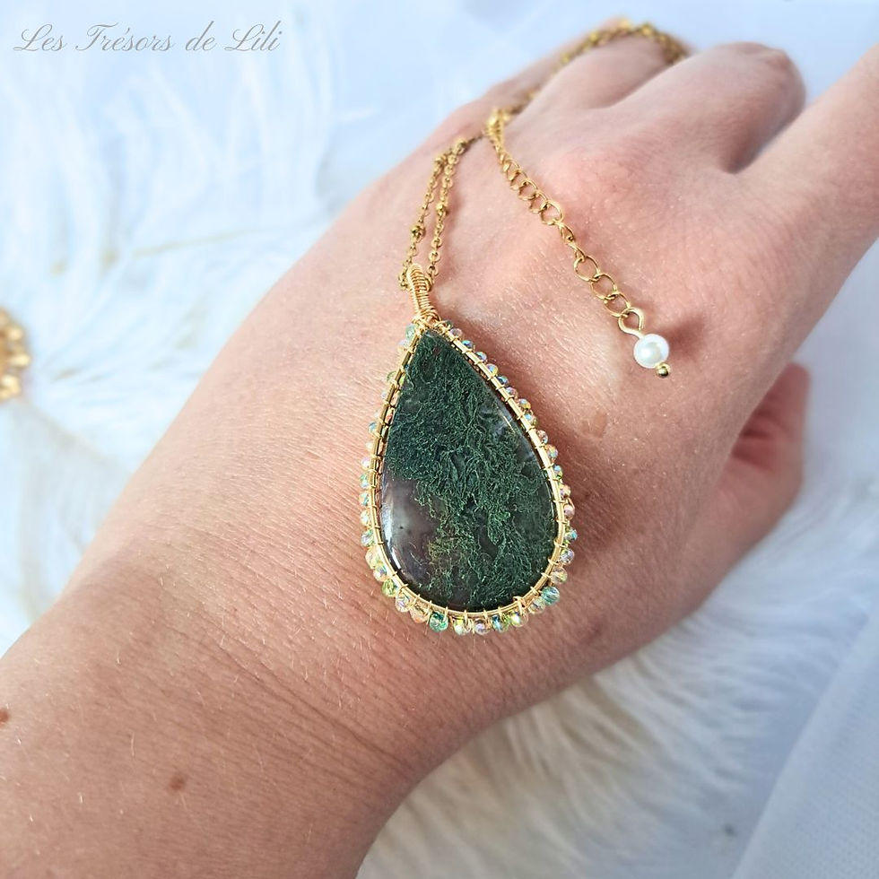 Collier Agate mousse tissée main - Bijou artisanal précieux