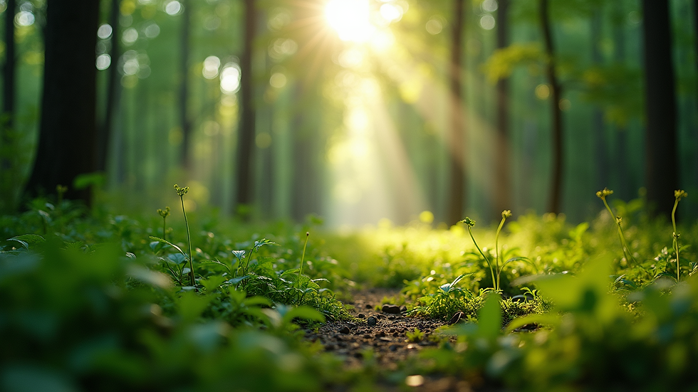 Eye-level view of a lush green forest with sunlight filtering through the trees