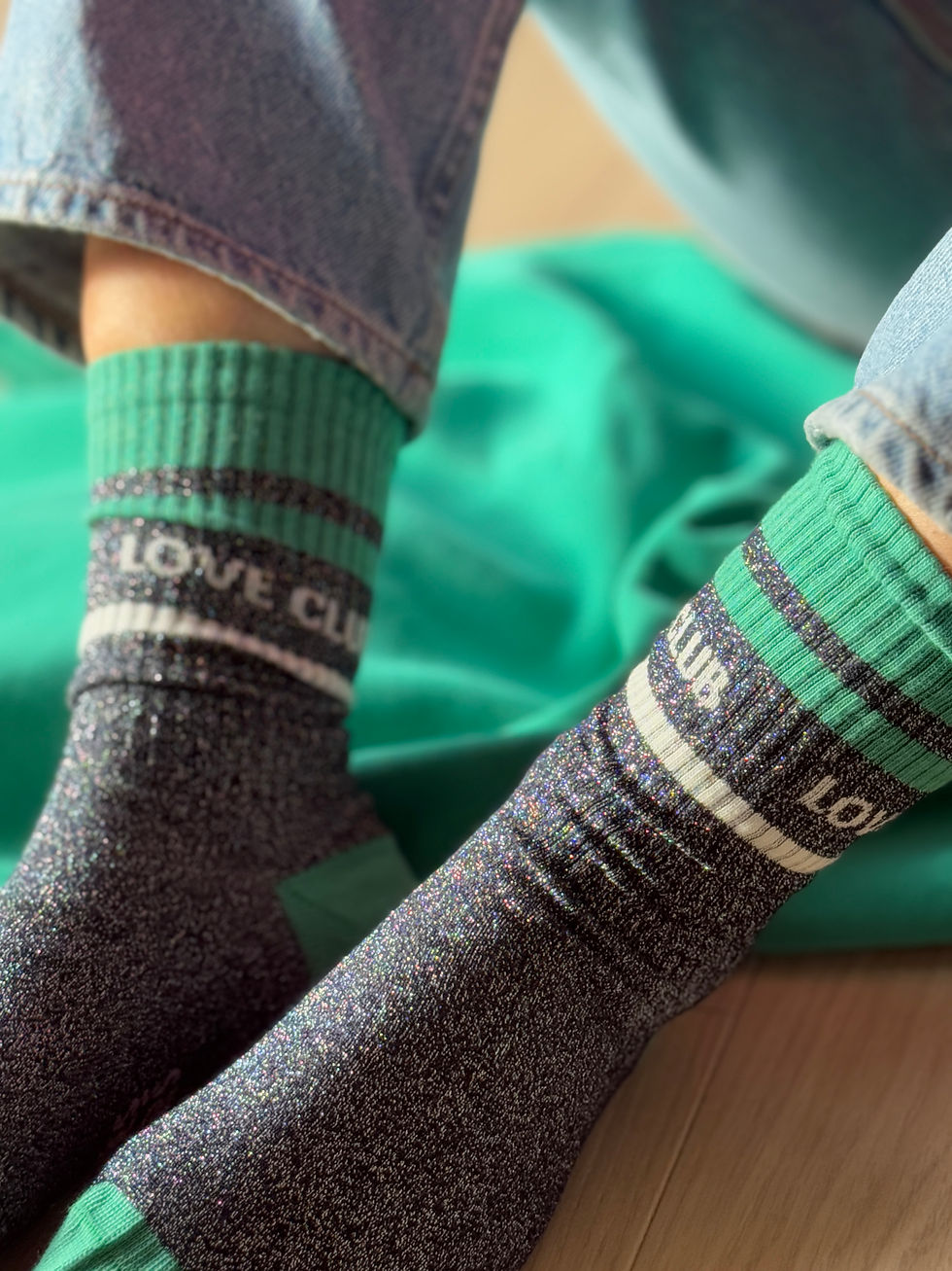 Thumbnail: Chaussettes tennis " LOVE CLUB " noir glitter & vert