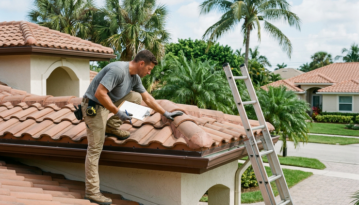 Eye-level view of a roofing professional inspecting tile roof edges on a coastal home.