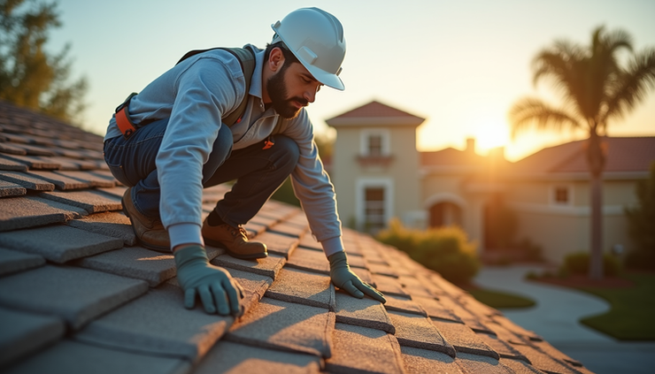Eye-level view of a skilled roofer inspecting a residential roof in Lantana, FL