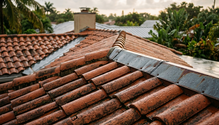 Close-up view of roof tiles and flashing after rain