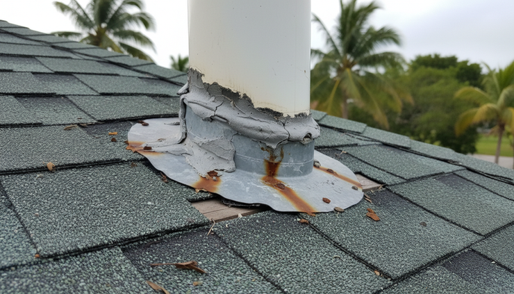 Close-up of damaged metal flashing beside a roof vent