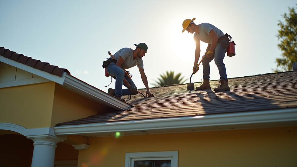 High angle view of a roofing team working on a residential property