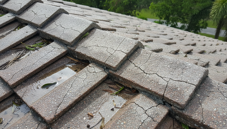 Close-up view of cracked concrete roof tiles near a roof valley