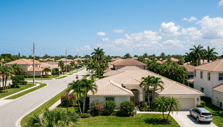 Wide-angle view of a tiled roof on a sunny West Palm Beach home