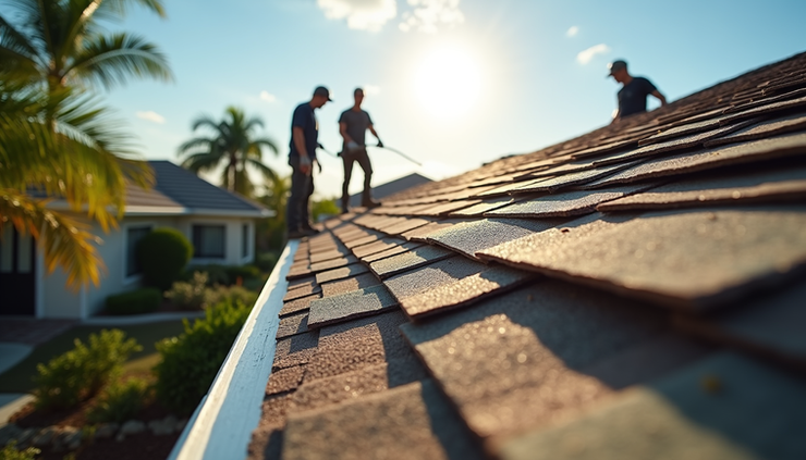 Eye-level view of a residential roof in Port Saint Lucie showing damaged shingles and repair work in progress