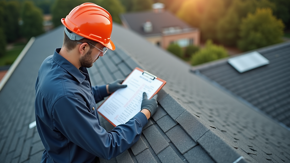 High angle view of a professional inspecting a roof with a checklist