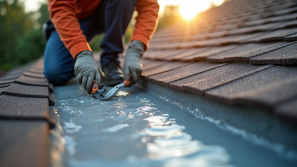 Close-up view of a roofing technician preparing materials for leak repair