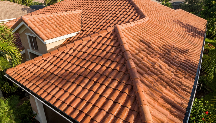 Overhead view of clean clay roof tiles with palm shadows after rainfall.
