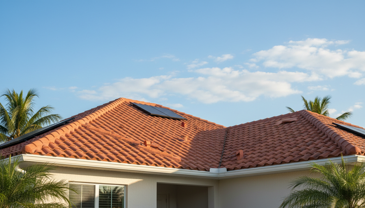Low-angle view of a well-maintained residential roof under a clear Port Saint Lucie sky.