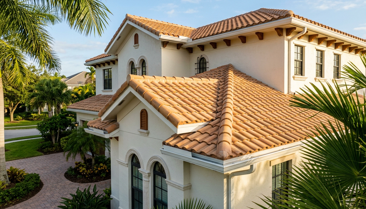 Low-angle view of a finished tile roof with palm trees nearby