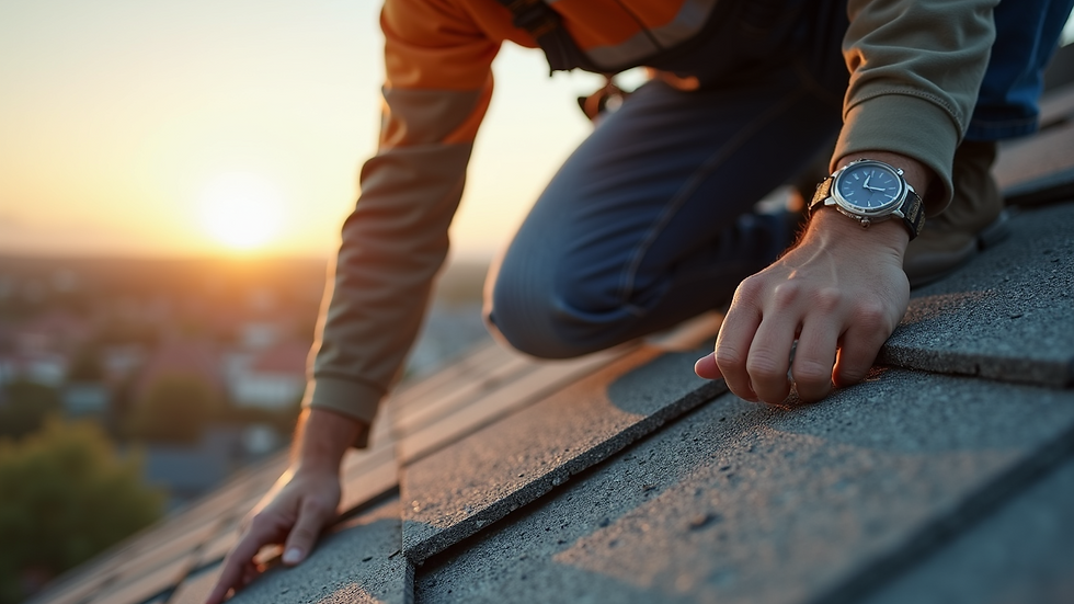 Close-up of a contractor assessing roof damage