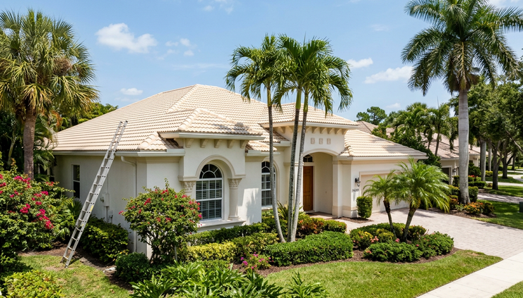 Wide-angle view of a Florida tile roof under bright afternoon light
