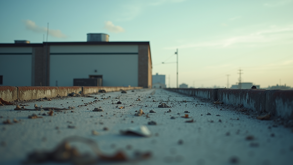 Eye-level view of a commercial building roof with visible damage