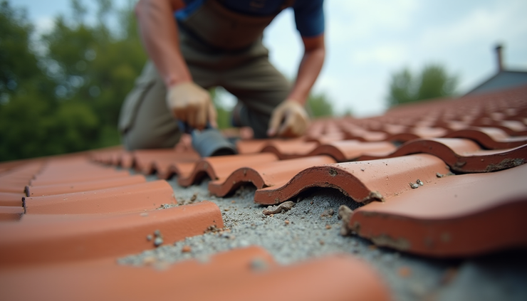 Eye-level view of a tile roof with visible repair work in progress