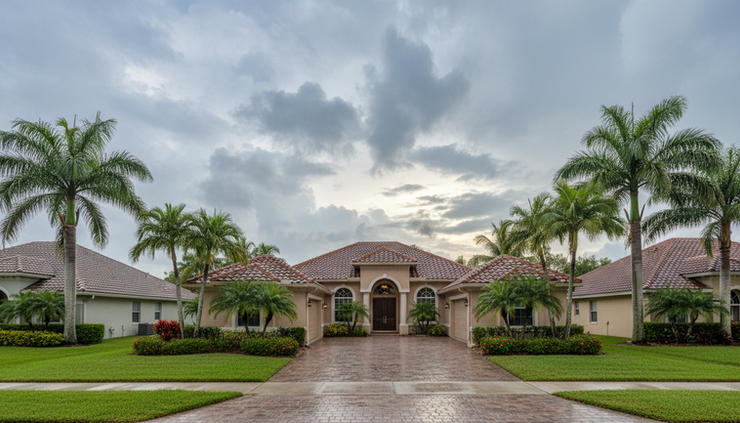 Wide-angle view of a tile roof on a Wellington home after a summer rain
