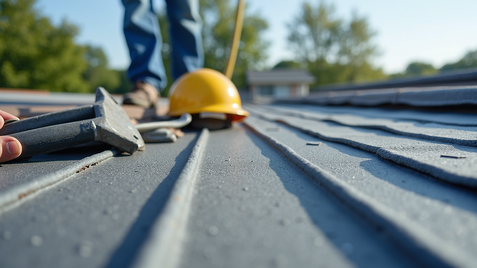 Close-up view of roofing materials and tools on a roof surface