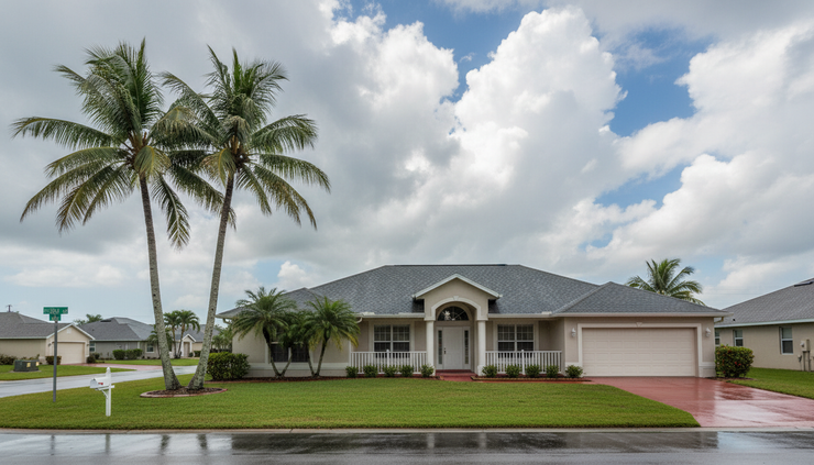 Wide-angle view of a Florida home roof after a rainstorm