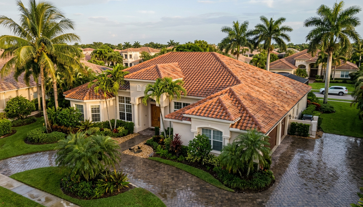 Wide-angle view of a tile roof on a Wellington home after rain