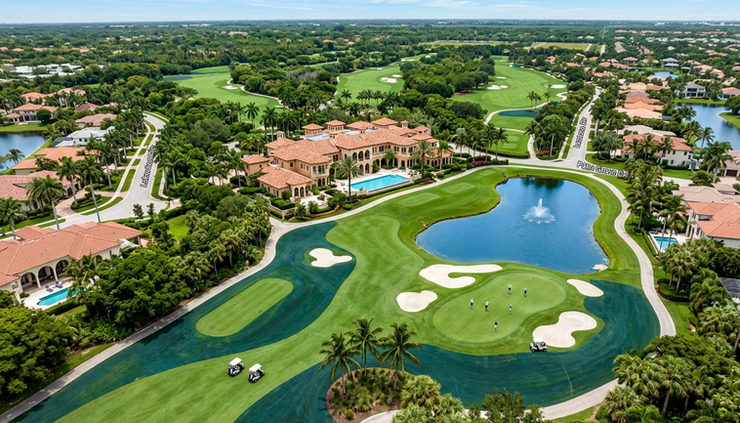 Aerial view of a golf facility with tile roofs surrounded by fairways and palm trees.