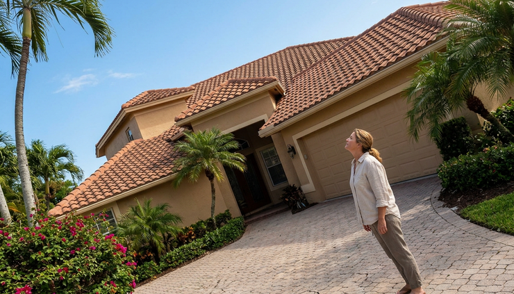 High-angle view of a homeowner looking up at a tile roof from a driveway in West Palm Beach